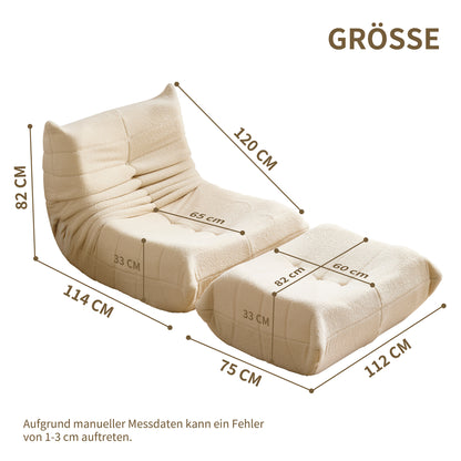 Relaxfauteuil – Loungestoel – Leunstoel – Zitzak – Lazy Sofa – Verstelbaar – Extra Dikke Kussens – Wit Met Voetensteun