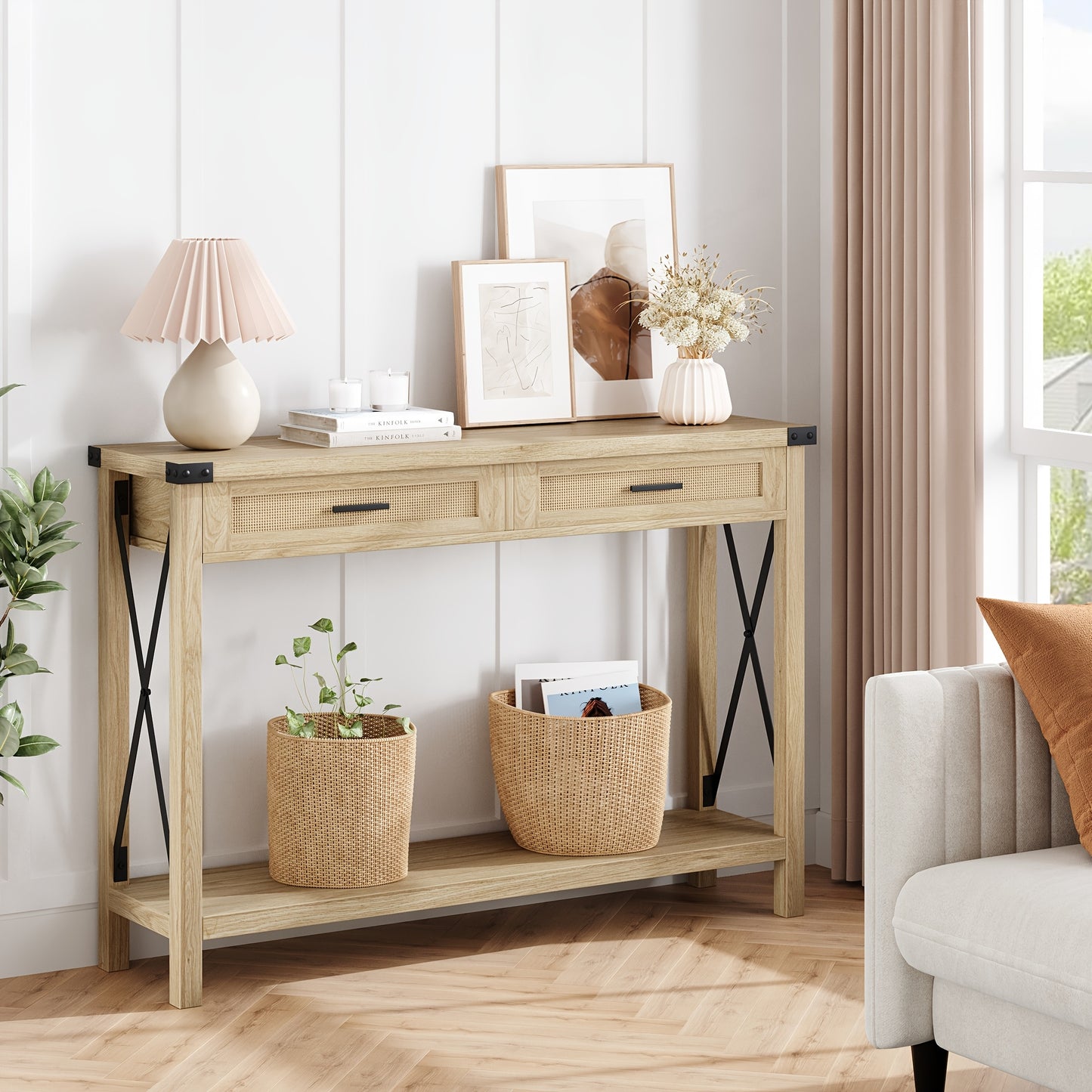 Console Table – Sidetable – Haltafel – Sofa Table – Opbergmeubel – 110x30x78 cm – MDF & Massief Hout – Rattan Lades met X-Design