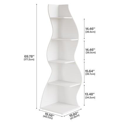 5-Tier White Corner Bookshelf & Plant Stand - Curved Space-Saving Shelving Unit with Adjustable Shelves, -like Particle Board (White/Wood), Freestanding/Wall-Mountable for Home Office, Living Room, - Easy Assembly