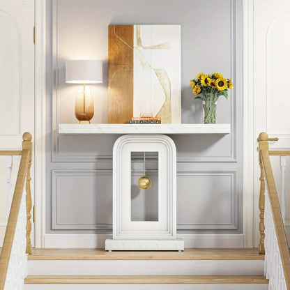 Sidetable – Consoletafel – Haltafel – Sofa Tafel – Narrow Table – Wit Kunstmarmer Blad – Pendulum Vormige Houten Onderstel – Modern Minimalistisch Design – Duurzaam MDF