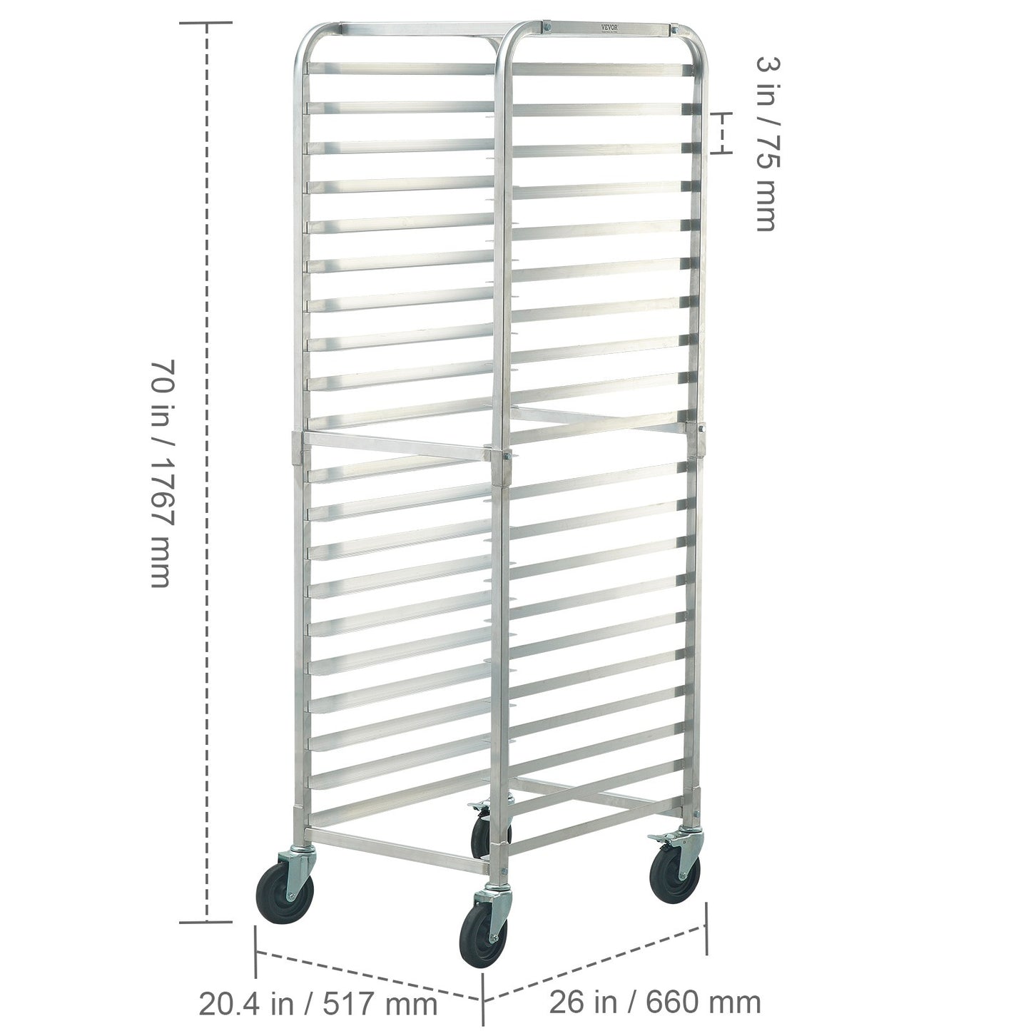 Broodrek – Bakplaatrek – Broodhouder – Bakkerijrek – Opslagrek – 20 Laags – Lichtgewicht Aluminium – Wieltjes Met Rem