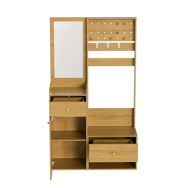 Kapstokkast – Garderobekast – Kapstok – Halmeubel – Garderoberek – Multifunctioneel – Compact – Vrijstaand – Rieten Beige/Bruin – Verstelbare Planken – Kledingroede – Spiegel
