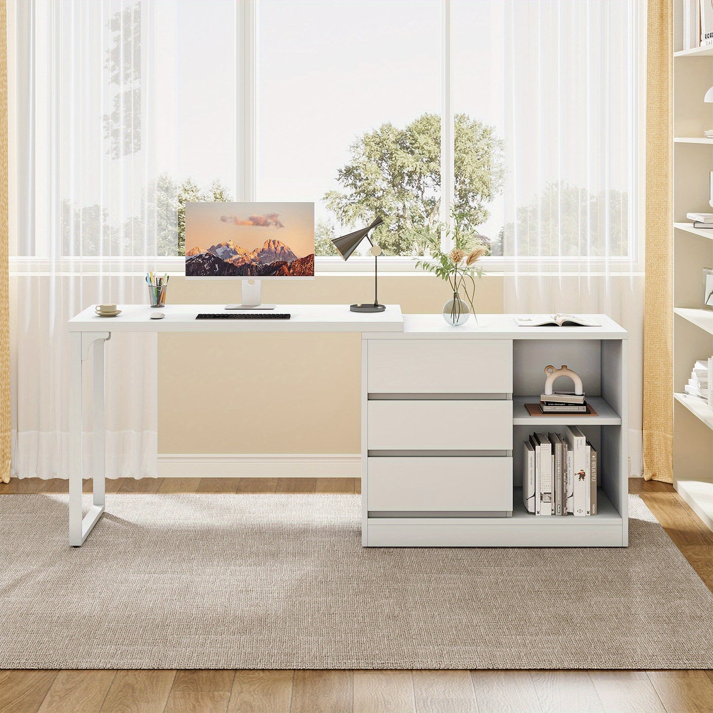 Bureau – Schrijftafel – Werktafel – Computertafel – Laptopbureau – Extra Lang 160 cm – 6 Opbergvakken – Ruim Werkblad – Stabiel Metalen Frame – Wit Houtkleurig Design