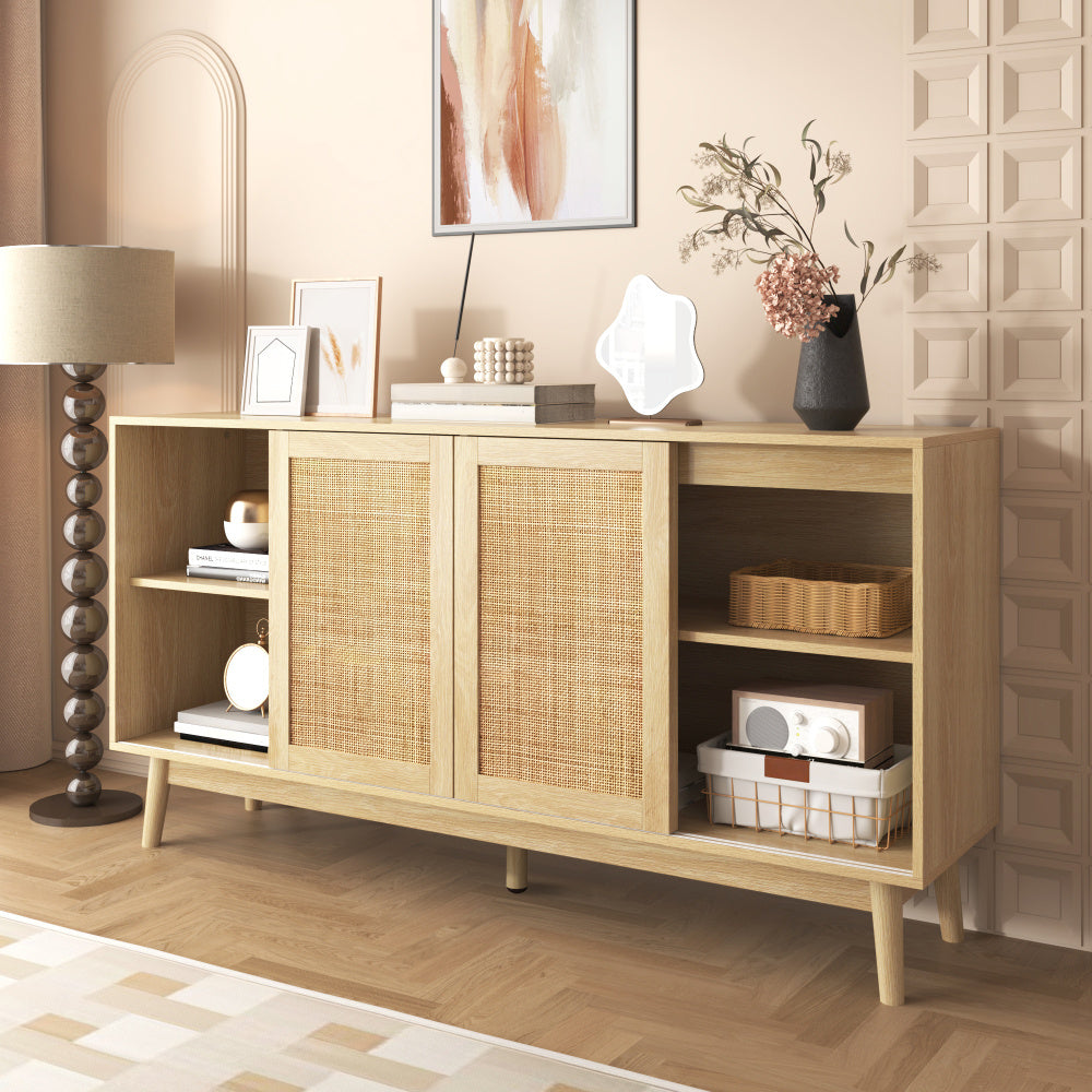 Dressoir – Sideboard – Opbergkast – Kast – Modern Meubel – 3 Schuifdeuren – 2 Lades – Natuurlijk Houtkleur – Ventilerende Rattan Deuren – Ruime Opbergruimte – Stevige Constructie – 155x38x80 cm