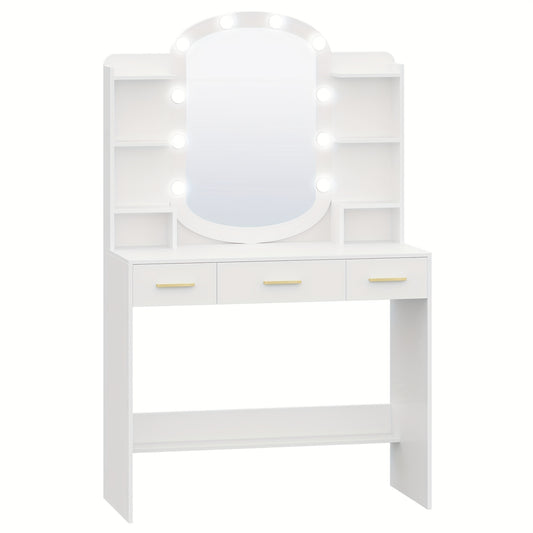 Makeuptafel – Kaptafel – Cosmeticatafel – Vanitafel – Make-up Tafel – Witte Make-up Tafel met Ovale Spiegel – 10 LED Lampjes met Instelbare Helderheid – 3 Lades en 6 Open Vakken, 40x90x144 cm