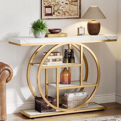 Moderne Sidetable – Console Tafel – Sofa Tafel – Haltafel – Wandtafel – Industrieel Design – 105 x 30 cm – Wit Met Gouden Accenten – 4 Treden Met Opbergruimte