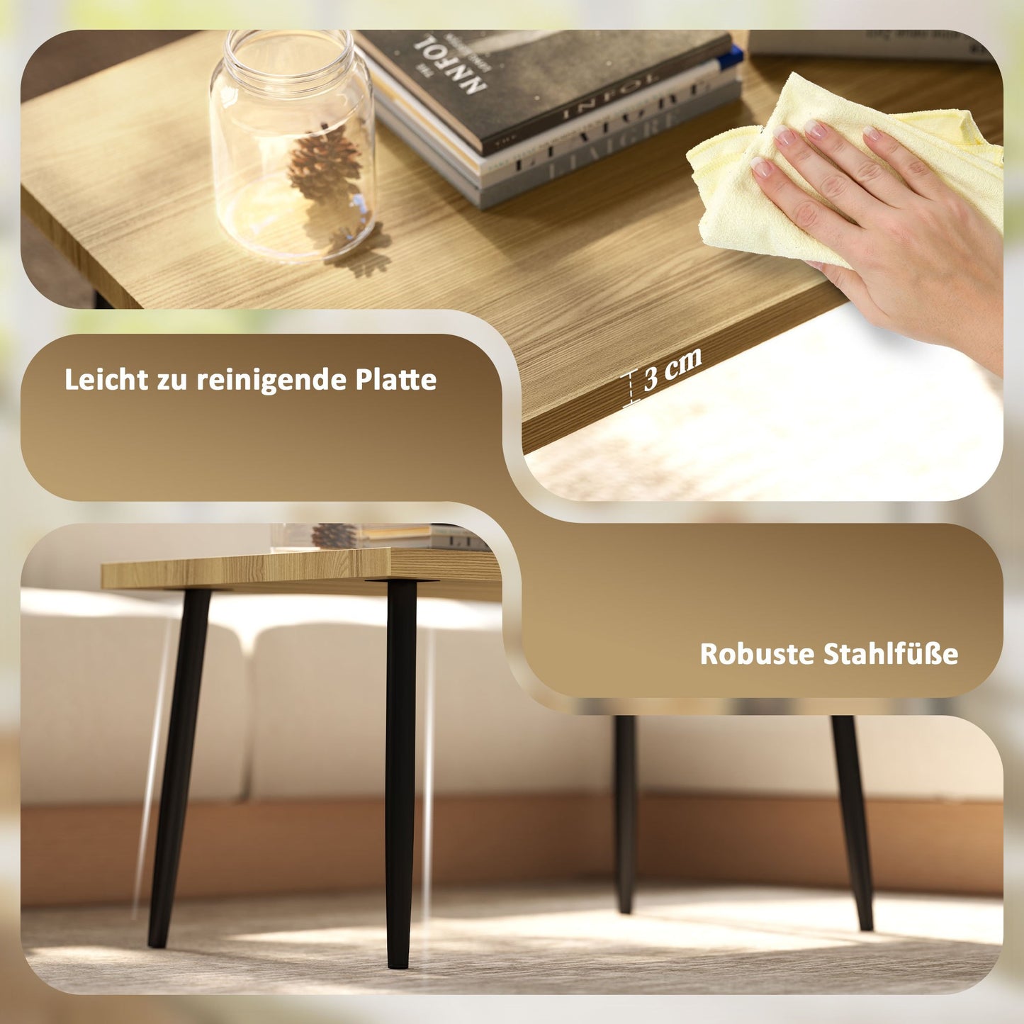 Koffietafelset – Salontafel – Bijzettafel – Woonkamertafel – Sofa Tafel – 2-delig – Metalen Frame & Natuurlijk Houten Blad