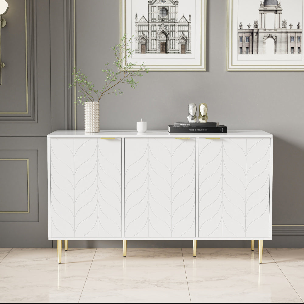 Dressoir – Ladekast – Opbergkast – Buffetkast – Kast – Modern Design – 127x45x75 cm – MDF Hout – Goudkleurige Accenten – Witte Afwerking – 6 Compartimenten – Afgeronde Hoeken