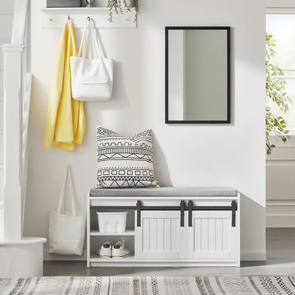 Schoenenkast – Schoenenrek – Schoenenopberger – Schoenenbank – Opbergkast – 2 Schuifdeuren – Houtlook MDF – Zitkussen – 90x35x46 cm