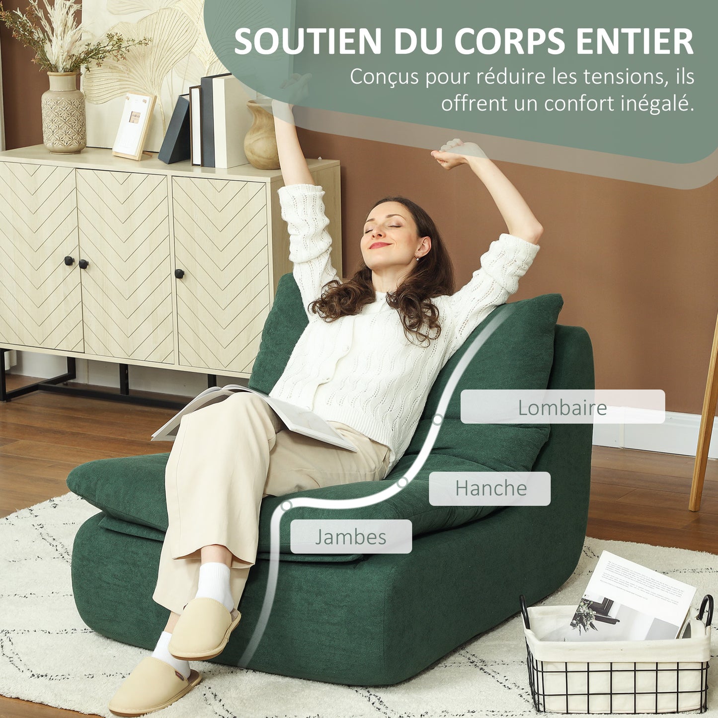 HOMCOM 1-Seater Lazy Sofa Floor Chair with Ultra-High Density Monobloc Foam, Lounge Chair for Living Room, Bedroom, and Office, 200 Kg Load Capacity, 82x103x75 cm, Green