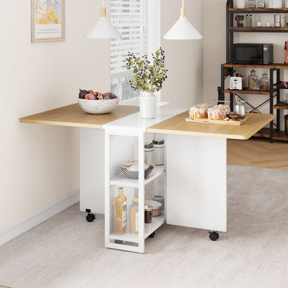 Uittrekbare Eettafel – Inklapbare Tafel – Opvouwbare Eettafel – Uitklapbare Keukentafel – Compacte Werktafel – Wit – 4 Opslagrekken – Duurzaam Metaal