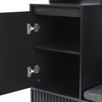 Halmeubel – Kapstok – Schoenenrek – Opbergkast – Zitbank – 6-in-1 Multifunctioneel – Mat Zwart MDF – 100x35x180 cm – Kantelbeveiliging