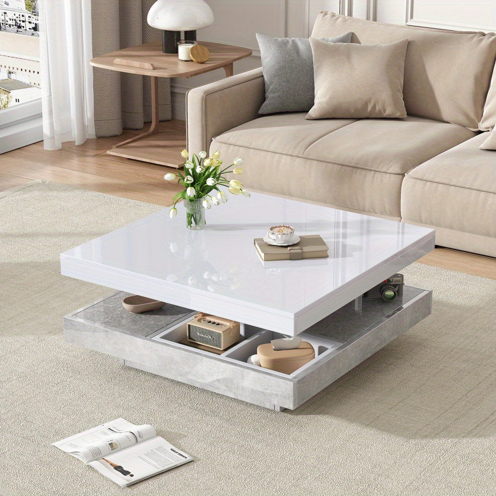 Sofa Tafel – Salontafel – Bijzettafel – Banktafel – Woonkamer Tafel – 360° Draaibaar Bovenblad – Wit Marmer MDF – Dubbel Laags – Uitbreidbaar Art Deco Design