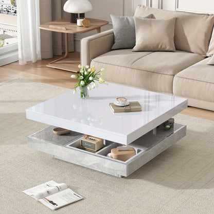 Sofa Tafel – Salontafel – Bijzettafel – Banktafel – Woonkamer Tafel – 360° Draaibaar Bovenblad – Wit Marmer MDF – Dubbel Laags – Uitbreidbaar Art Deco Design