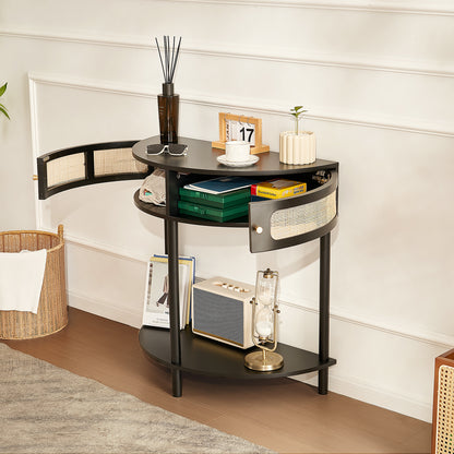 Sidetable – Wandtafel – Haltafel – Consoletafel – Bijzettafel – Zwart Rattan – Halve Maan Vorm – 2 Laden & Open Plank – Duurzaam MDF Onderstel