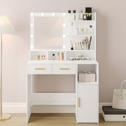 Make-up Tafel – Dressing Table – Kaptafel – Schminktisch – Vanity Table – Witte Make-up Tafel – 10 LED Lampjes Met Verstelbare Helderheid – 2 Lades, Kastje En Opbergruimte