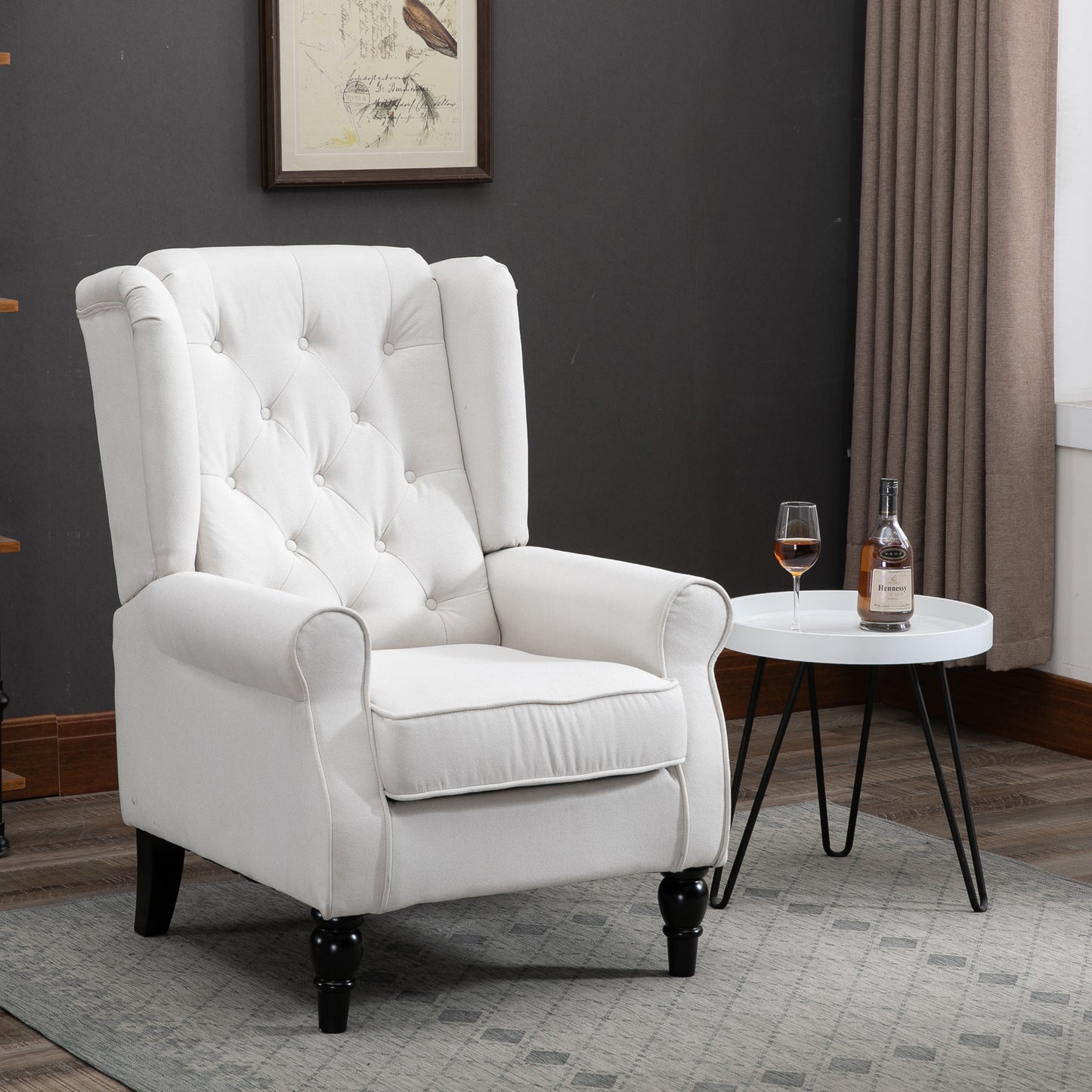Fauteuil – Relaxstoel – Loungestoel – Accentstoel – Zithoekstoel – Creme Wit – Knopen Gestoffeerde Rugleuning – Stevige Houten Poten