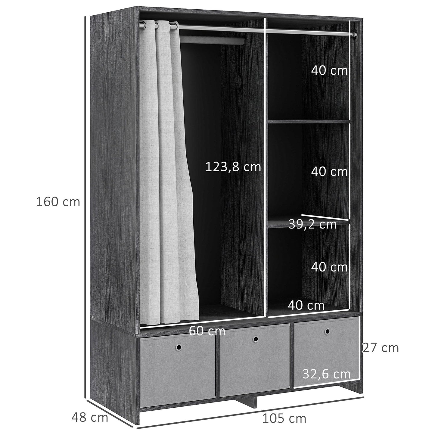 Kledingkast – Kast – Garderobekast – Kledingopslag – Slaapkamerkast – Met Gordijn – 117,5 cm Kledingroede – 3 Uitneembare Stoffen Lades – Zwarte Houtlook – 105x48x160 cm