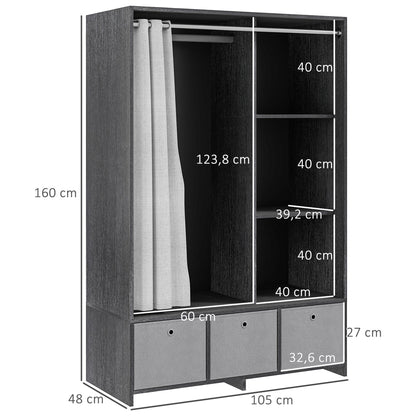 Kledingkast – Kast – Garderobekast – Kledingopslag – Slaapkamerkast – Met Gordijn – 117,5 cm Kledingroede – 3 Uitneembare Stoffen Lades – Zwarte Houtlook – 105x48x160 cm