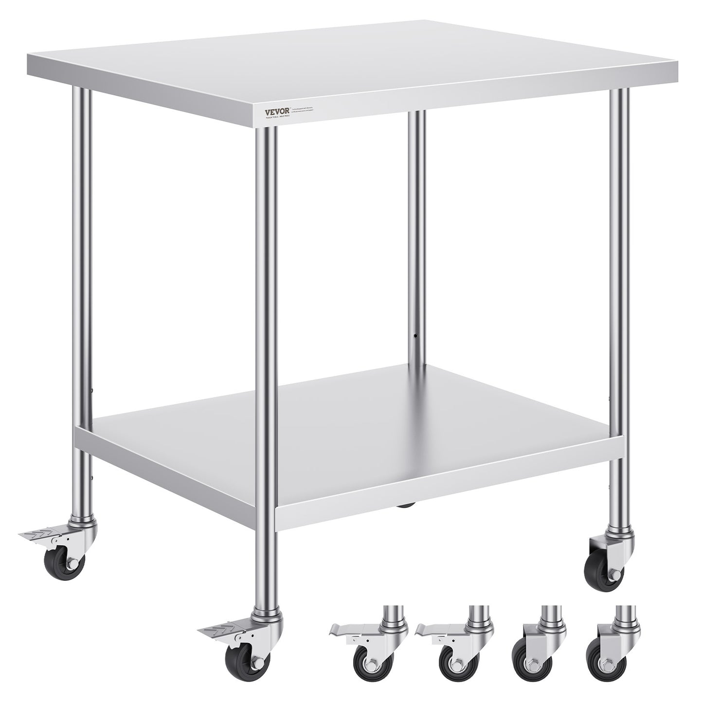 Professionele RVS Werktafel – Roestvrijstalen Werkbank – Keukentafel – Werkbank Met Wielen – Opbergtafel 30x36 Inch – Duurzaam RVS 0,8mm – 3 Verstelbare Legplanken