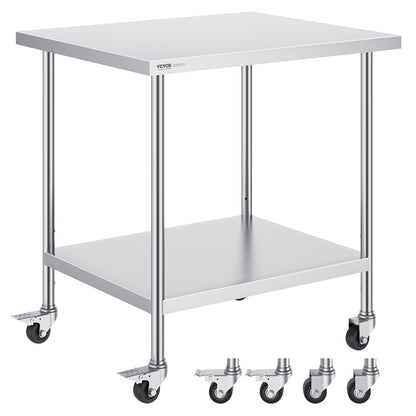 Professionele RVS Werktafel – Roestvrijstalen Werkbank – Keukentafel – Werkbank Met Wielen – Opbergtafel 30x36 Inch – Duurzaam RVS 0,8mm – 3 Verstelbare Legplanken