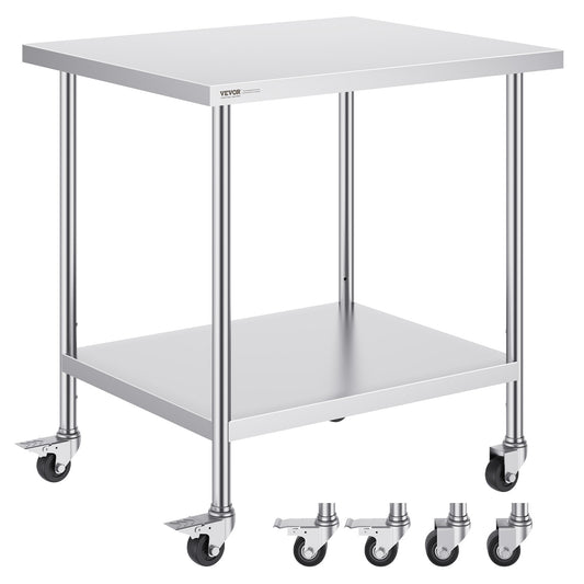Professionele RVS Werktafel – Roestvrijstalen Werkbank – Keukentafel – Werkbank Met Wielen – Opbergtafel 30x36 Inch – Duurzaam RVS 0,8mm – 3 Verstelbare Legplanken