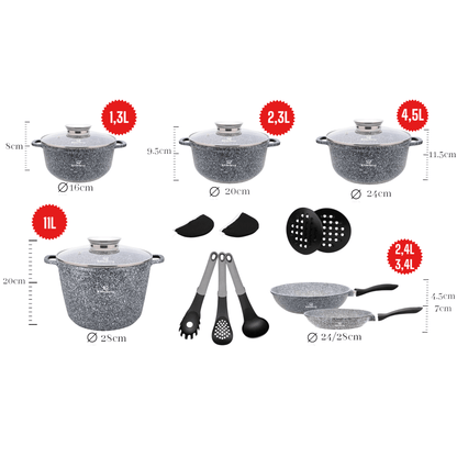 17-delige Kookset – Pannenset – Kookgerei – Keukenset – Inductiepan – Aluminium – Keramische Antiaanbaklaag – Ovenbestendig Tot 230°C