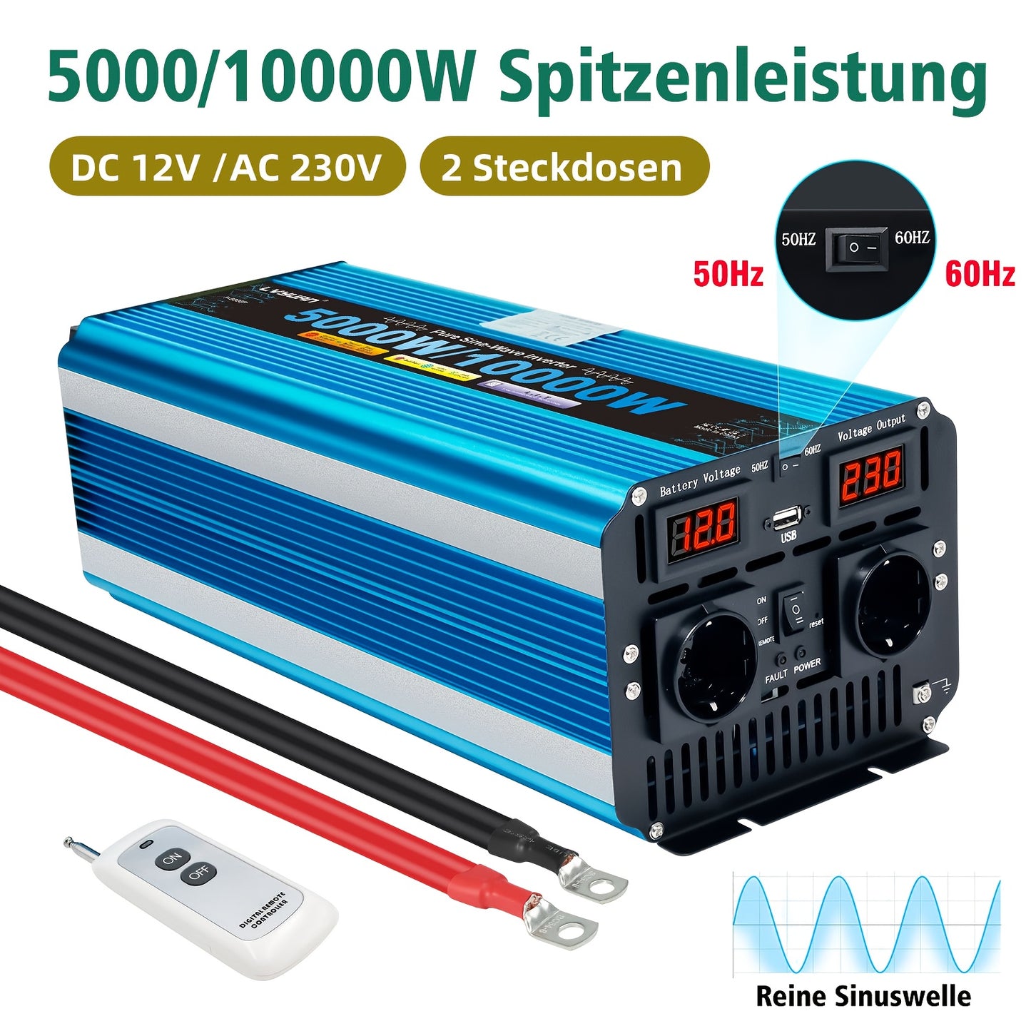 Zuivere Sinusgolf Omvormer – Stroomomzetter – Converter – Inverter – Spanningsomzetter – 12V 5000W – 10000W Piekvermogen – Afstandsbediening & LED-Display