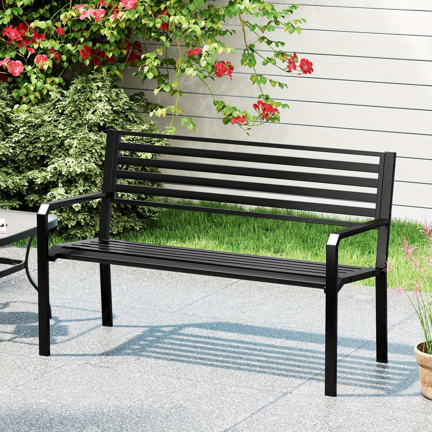 Metalen Tuinbank – Parkbank – Buitenbank – Terrasbank – Tuinmeubel – Robuuste Constructie – Comfortabel Slatted Design – Zwart – 2-3 Personen – 127 cm
