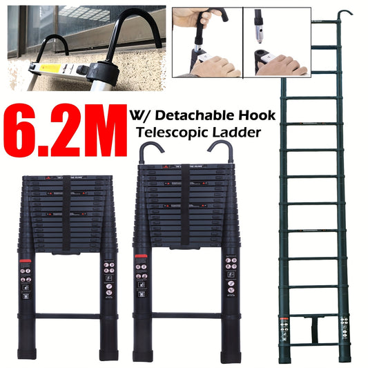 6.2m Telescopic Ladder Come Wiht Removable Hook Kit, Aluminium Black Portable Multi-Purpose Folding Extension Ladders for Outdoor & Indoor Builder DIY, Easy Carry