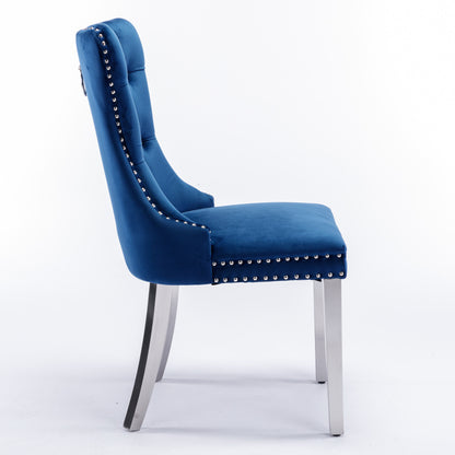 Modern, High-end Tufted Solid Wood Contemporary Velvet Upholstered Dining Chair with Chrome Stainless Steel Plating Legs,Nailhead Trim,Set of 2,Blue and Chrome, DE1701BL