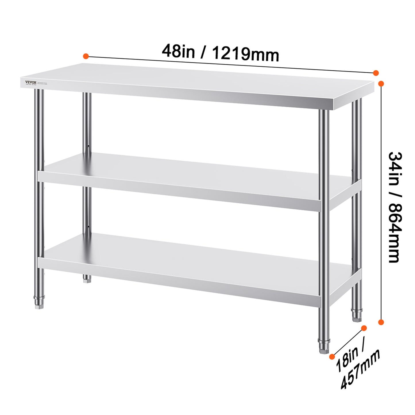 RVS Werktafel – Roestvrijstalen Werkbank – Keukentafel – Werkblad – Prep Tafel – Zilver – 3 Niveaus Met Verstelbare Planken – 0,8 mm Dikte Roestvrij Staal