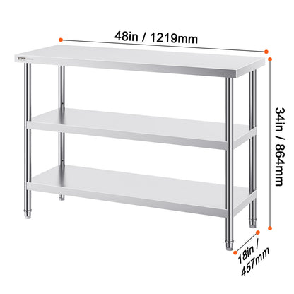 RVS Werktafel – Roestvrijstalen Werkbank – Keukentafel – Werkblad – Prep Tafel – Zilver – 3 Niveaus Met Verstelbare Planken – 0,8 mm Dikte Roestvrij Staal