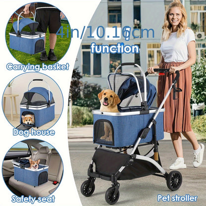 Huisdierenwagen – Hondenbuggy – Kattenwagen – Wandelwagen – Dierenbuggy – 3-in-1 Design – Carbonstalen Frame – Max. Belastbaar 20 kg – Zilverblauw