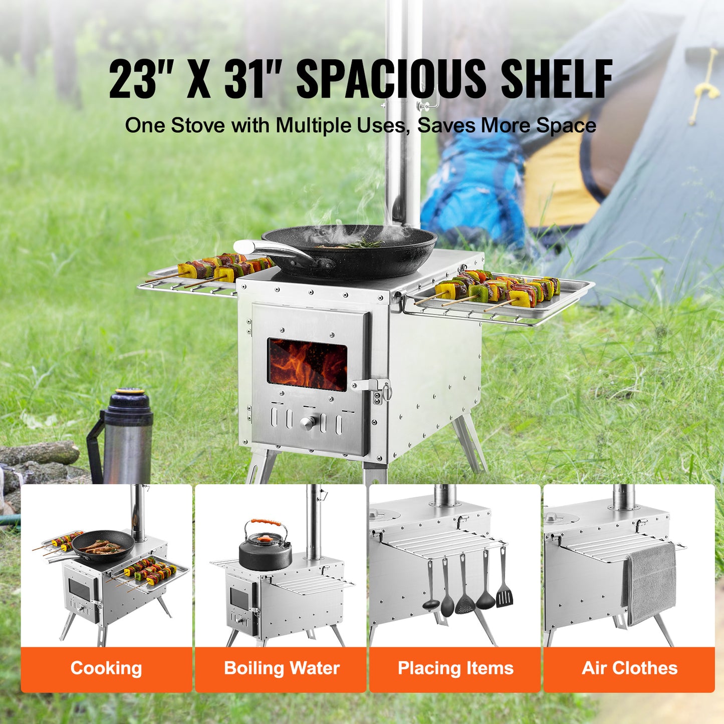 Houtkachel – Tentkachel – Campingkachel – Buitenoven – Vuurkachel – Roestvrij Staal – Ruime 3000in³ Vuurkamer – Inclusief Schoorsteenpijpen & Accessoires