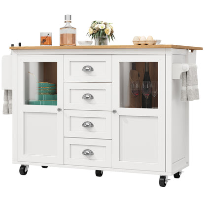 White Mobile Kitchen Island Cart with 4 Drawers, 2 Doors & Adjustable Shelves - Heavy-Duty Metal Frame on Locking Casters, Pull-Out Trolley, Spice Rack & Towel Rail - Compact Rolling Cabinet for Small Spaces, Easy Assembly (N