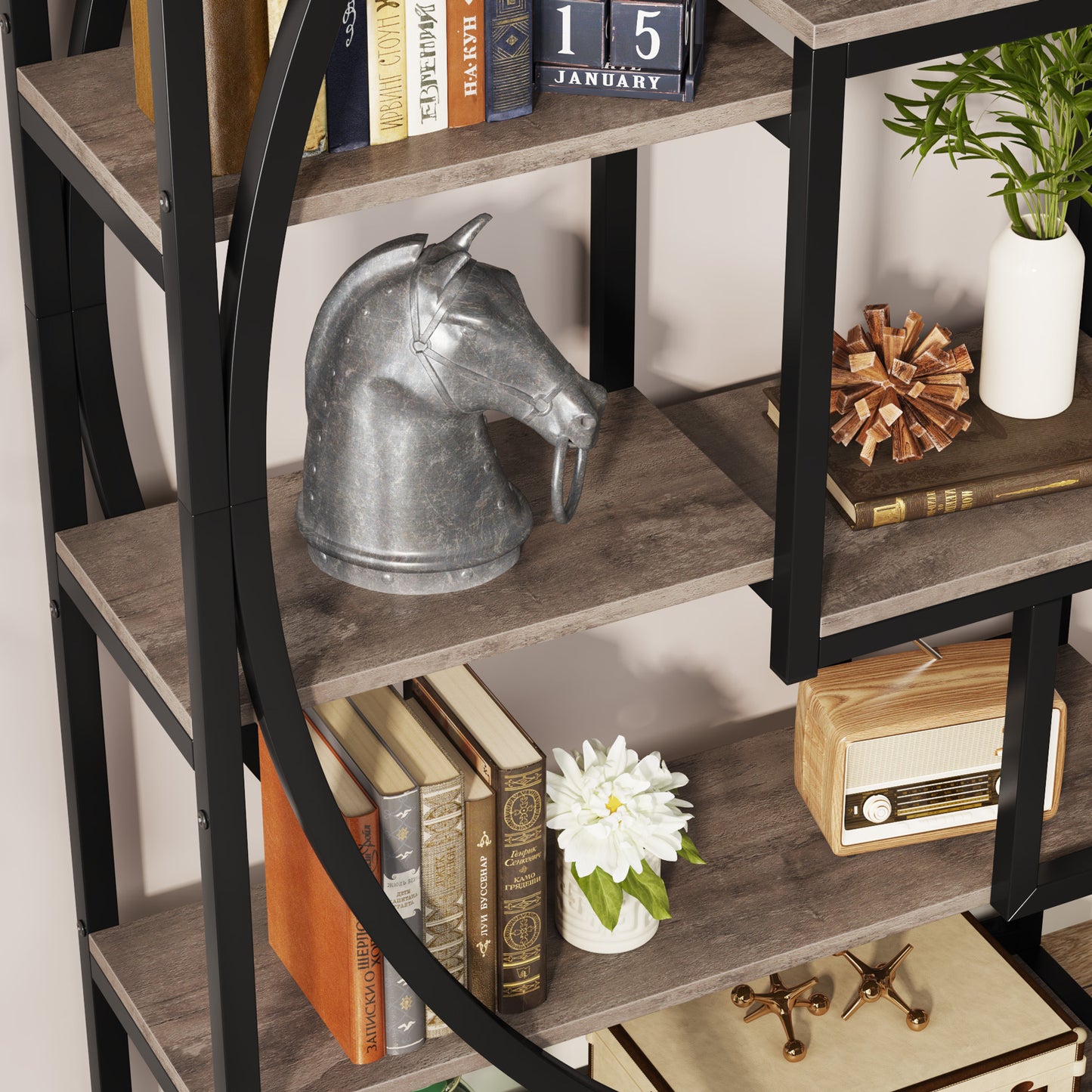 Boekenkast – Vakkenkast – Boekenrek – Opbergkast – Wandkast – 6 Lagen – Geometrisch Design – 179,83 cm Hoog – Retrogrijs Hout Met Zwart Metaal – Sterk En Duurzaam – Eenvoudig Te Monteren