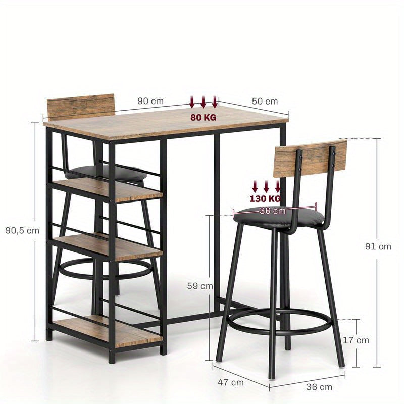 3-in-1 Barset – Bartafel – Hoogtafel – Bistroset – Eethoek – Ruimtebesparend – Stevig MDF en Metaal – Inclusief 2 Comfortabele Stoelen met Kussens