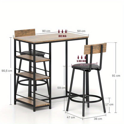 3-in-1 Barset – Bartafel – Hoogtafel – Bistroset – Eethoek – Ruimtebesparend – Stevig MDF en Metaal – Inclusief 2 Comfortabele Stoelen met Kussens