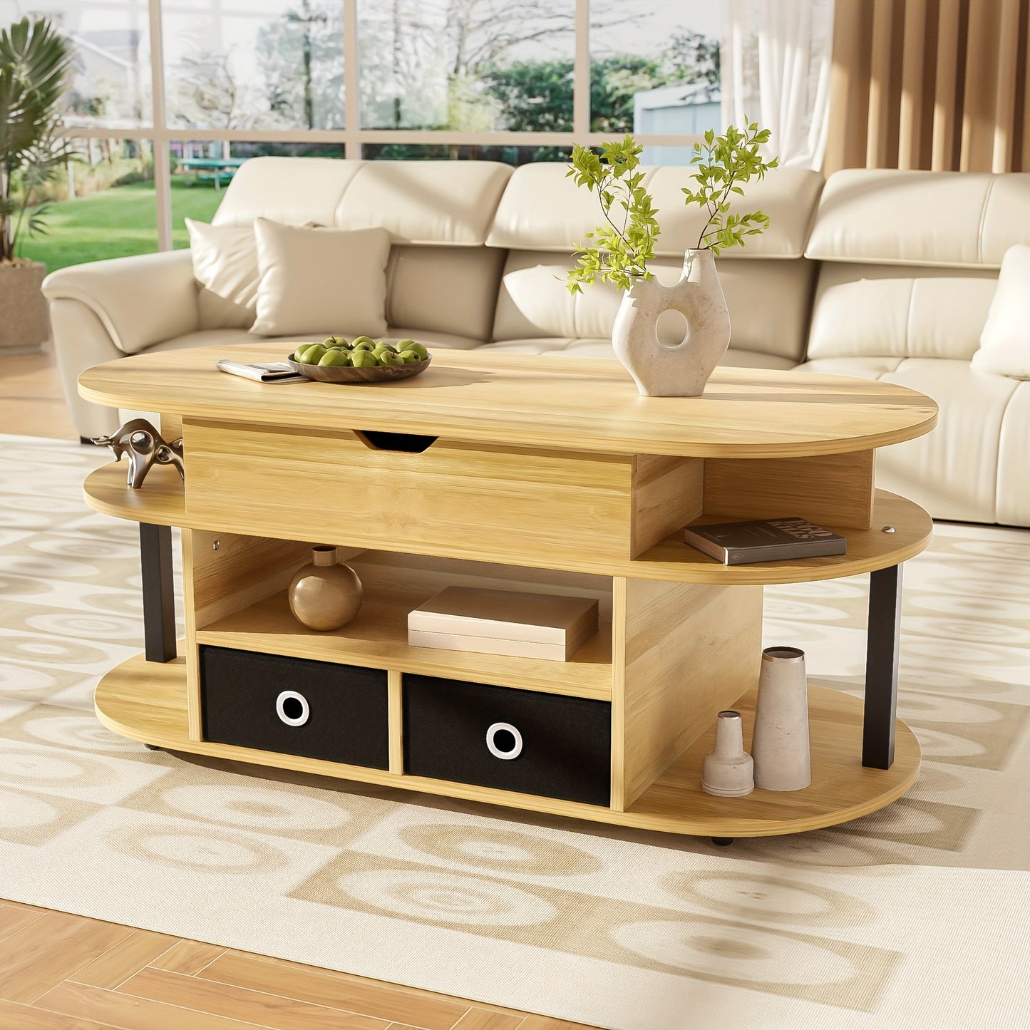 Salontafel – Koffietafel – Woonkamer Tafel – Opbergtafel – Lift-Top Tafel – Houtnerf Design – Zwart Stoffen Lades – Duurzaam & Eenvoudig Montage