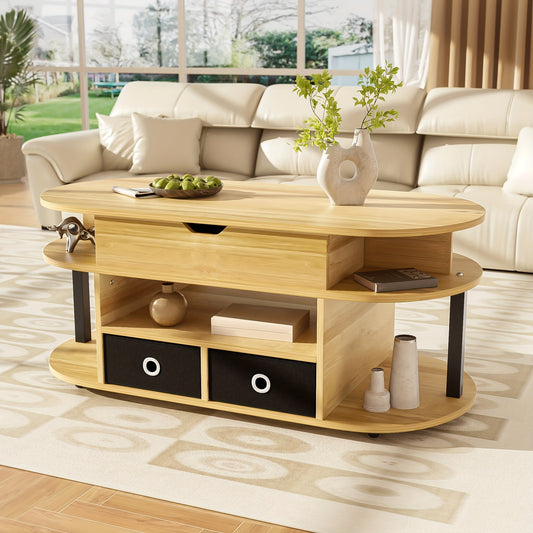 Salontafel – Koffietafel – Woonkamer Tafel – Opbergtafel – Lift-Top Tafel – Houtnerf Design – Zwart Stoffen Lades – Duurzaam & Eenvoudig Montage