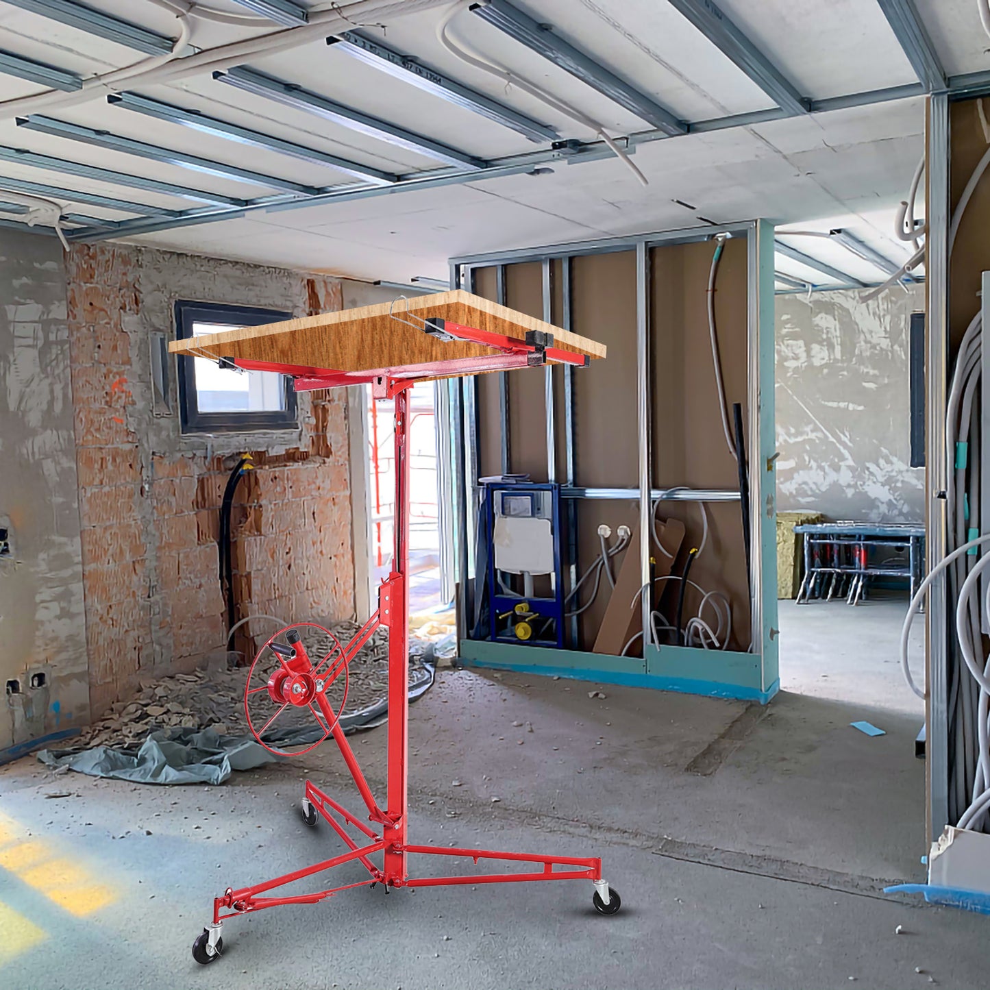 Gipsplaatligger – Gipsplaat Lifter – Platenlift – Montagehulp – Plafondpaneel montage – Verstelbaar tot 350 cm – Stevige Metalen Constructie - Rood
