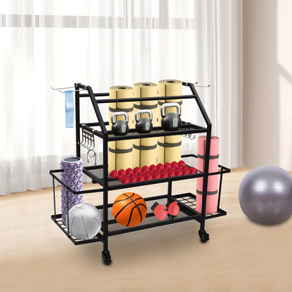 Dumbbellrek – Halterrek – Fitnessrek – Gewichtenrek – Home Gym Organizer – Stalen 3-Laags Rek Met 4 Wielen – Zijhaken Voor Springtouwen en Handdoeken
