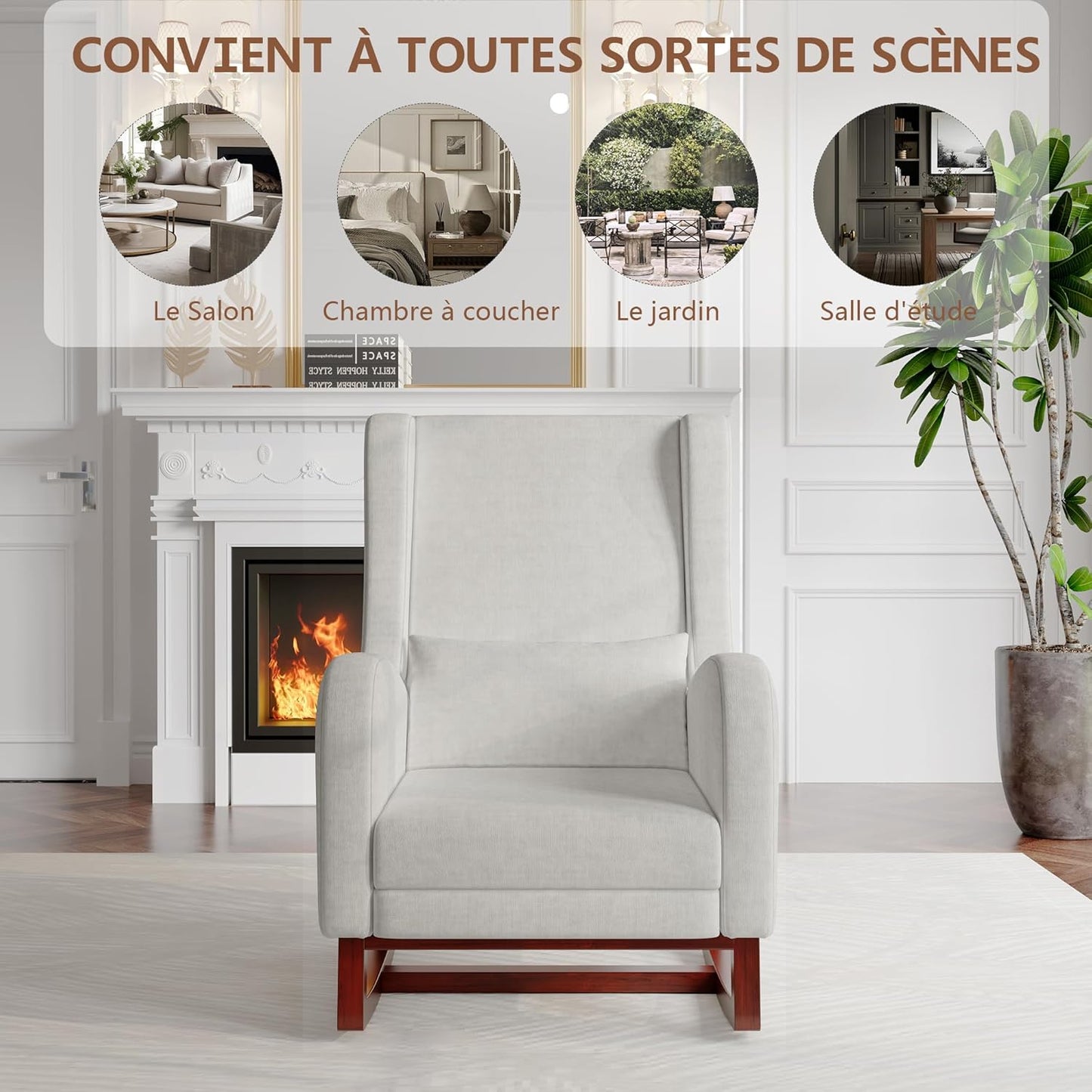 Schommelstoel – Fauteuil – Relaxstoel – Loungestoel – Nursing Chair – Met Voetsteun en Lumbar Kussen – Ademend Linnen en Robuust Houten Frame – Lichtgrijs