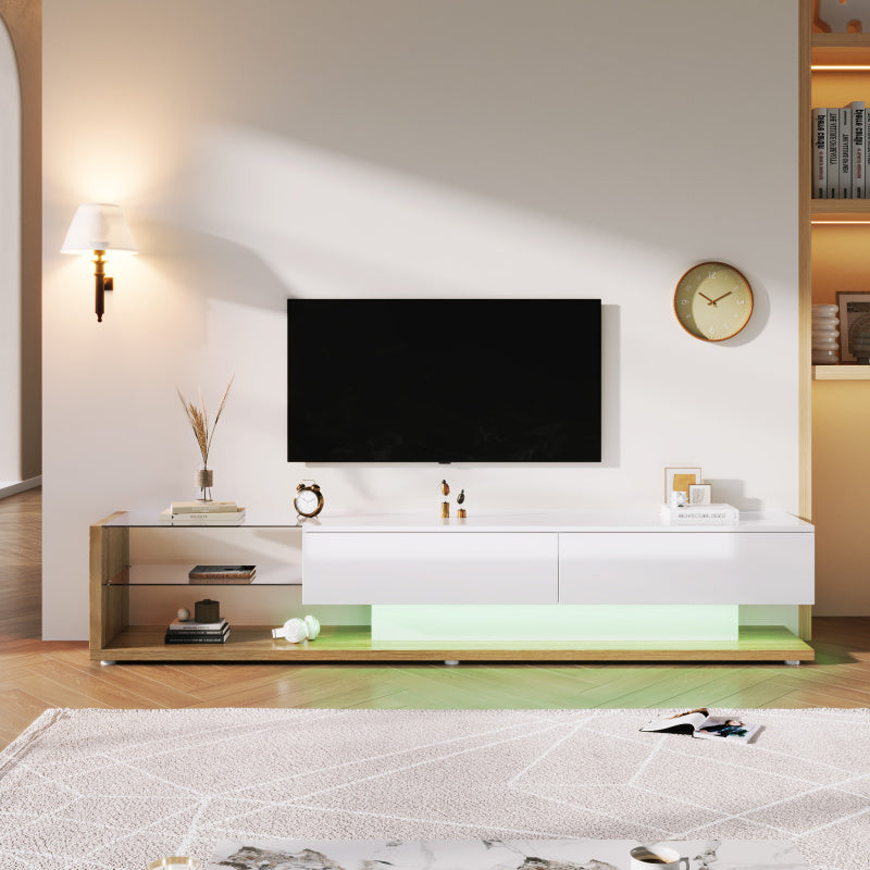 Tv meubel – TV-kast – Media meubel – Entertainmentmeubel – Dressoir – Hoogglans wit & houtlook – 2 lades en open planken