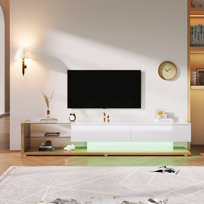 Tv meubel – TV-kast – Media meubel – Entertainmentmeubel – Dressoir – Hoogglans wit & houtlook – 2 lades en open planken