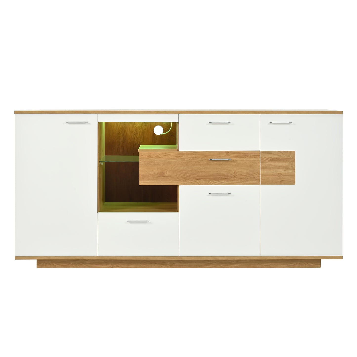 Modern Sideboard - Large Capacity Storage Cabinet with 2 Doors, 4 Drawers & Glass Shelves - White & Metallic Legs - Living Room, Dining, Entryway Furniture - Easy Assembly Required - 160x40x77cm