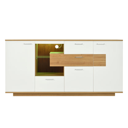 Modern Sideboard - Large Capacity Storage Cabinet with 2 Doors, 4 Drawers & Glass Shelves - White & Metallic Legs - Living Room, Dining, Entryway Furniture - Easy Assembly Required - 160x40x77cm