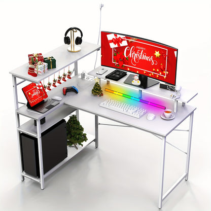 L-vormig Wit Computerbureau met Planken en Steunpaneel – Multifunctioneel Werkstation voor Kantoor, Slaapkamer, Studieruimte of Gaming Setup