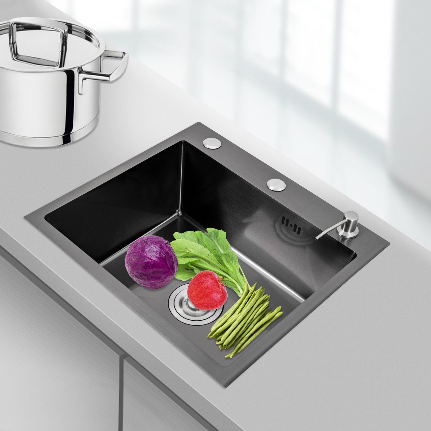 Keukenspoelbak – Spoelbak – Keukensink – Wasbak – Vaatwasbak – Zwart RVS – Royale Binnenmaat 46x35,5 cm – Opbouw Onderbouw Vlakbouw – Met Zeepdispenser en Compleet Accessoiresset